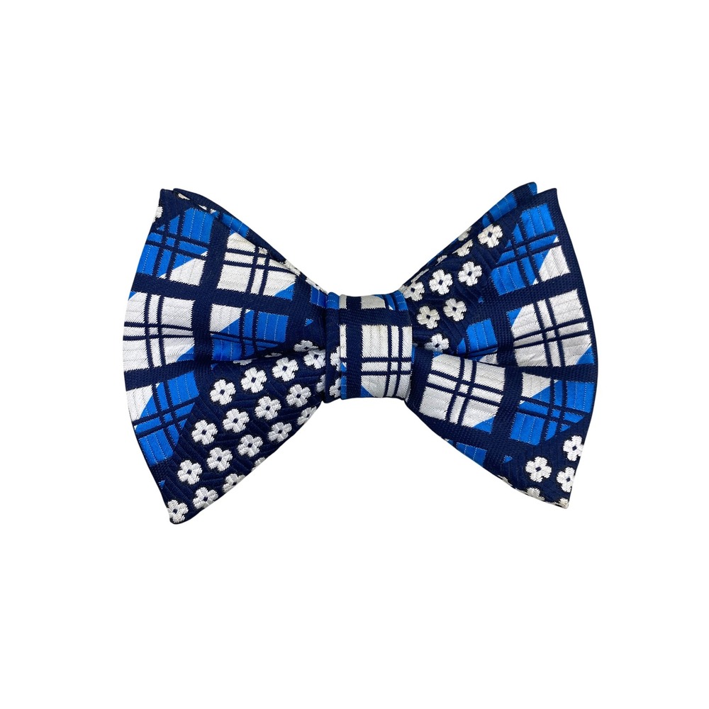 VTG Clip On Bow Tie Blue White Navy Plaid Patchwork Floral Geometric 70s USA